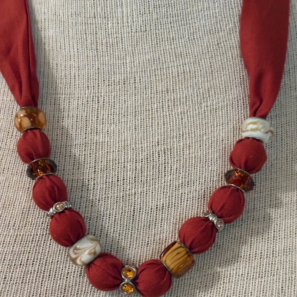 necklace brown beaded fabric adjustable self-tie